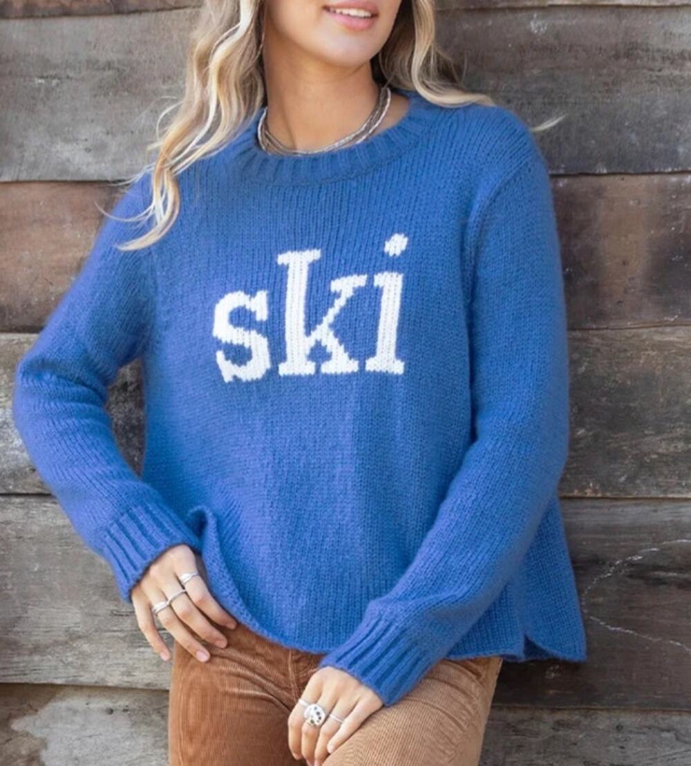 Wooden Ships Crew Neck Sweater Womens M/L Aviator Blue SKI Novelty Winter Cozy